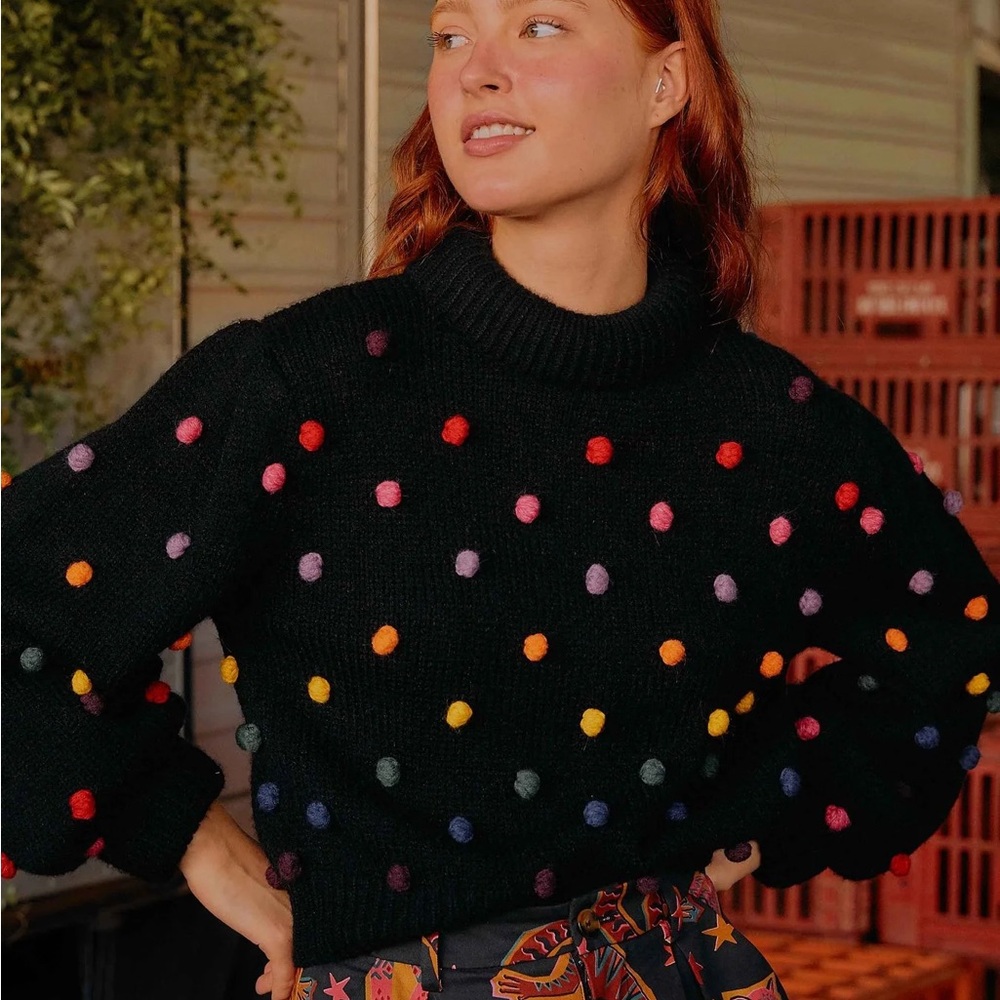 Farm Rio Sz M Rainbow Pom Pom Sweater Knit - Picture 2 of 9
